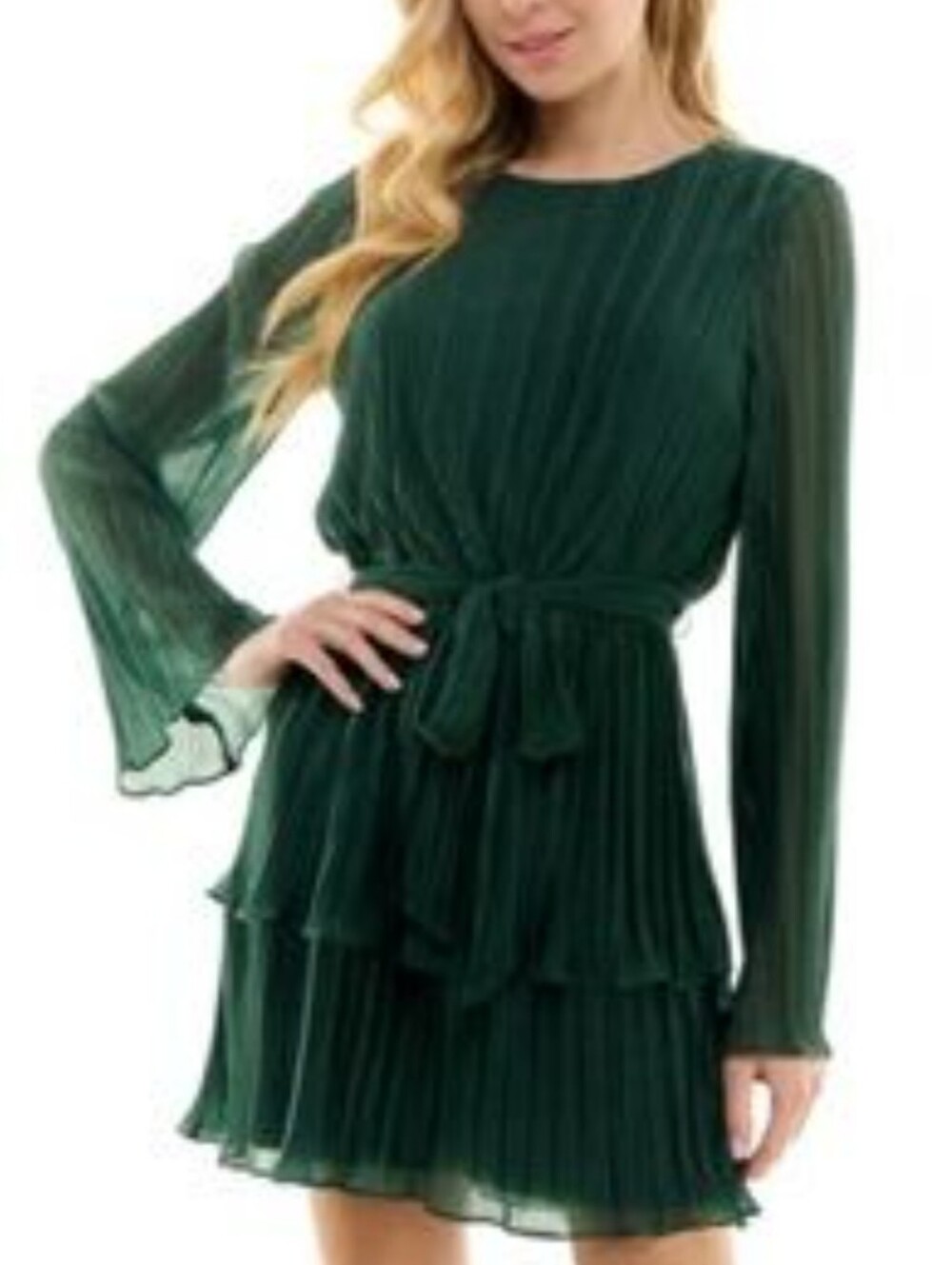 NWT City Studio Emerald Green Shimmery Pleated Tiered Mini Dress Women's Small